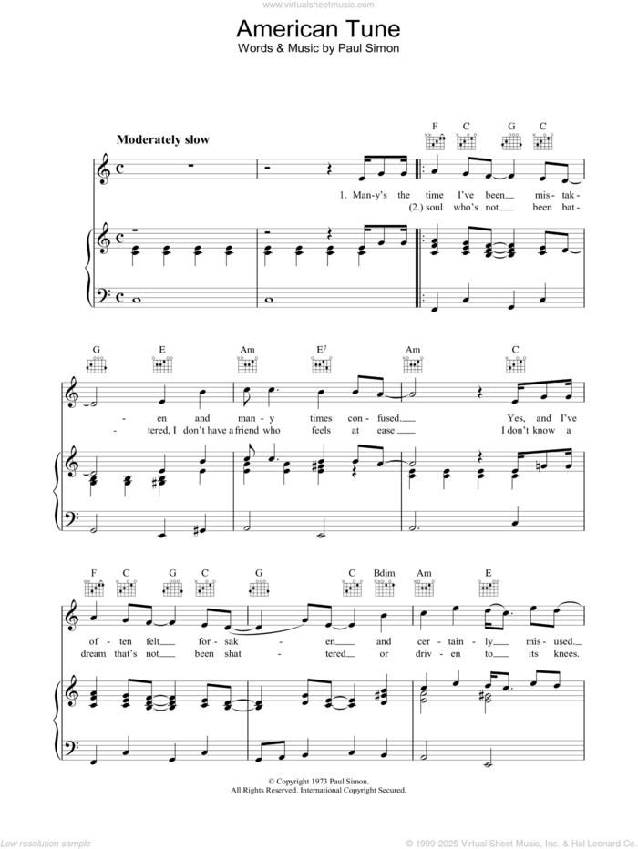 American Tune sheet music for voice, piano or guitar by Paul Simon, intermediate skill level