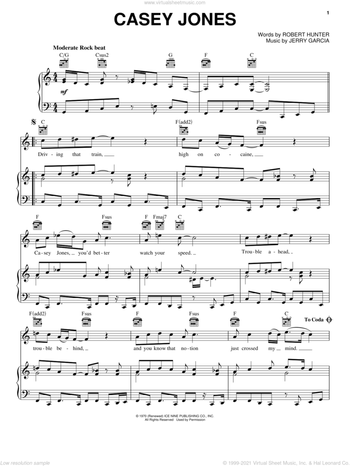 Casey Jones sheet music for voice, piano or guitar by Grateful Dead, Jerry Garcia and Robert Hunter, intermediate skill level