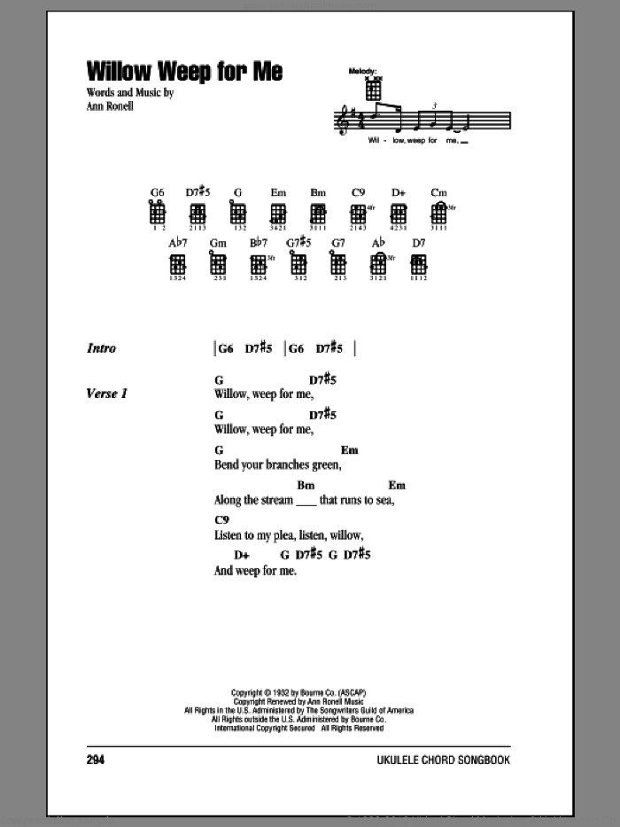 Willow Weep For Me sheet music for ukulele (chords) by Chad & Jeremy and Ann Ronell, intermediate skill level