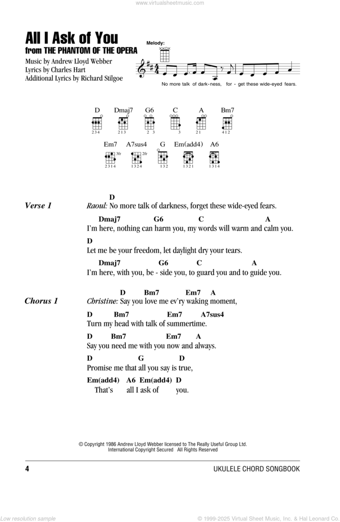 All I Ask Of You (from The Phantom Of The Opera) sheet music for ukulele (chords) by Barbra Streisand, Andrew Lloyd Webber, Charles Hart, Miscellaneous and Richard Stilgoe, wedding score, intermediate skill level