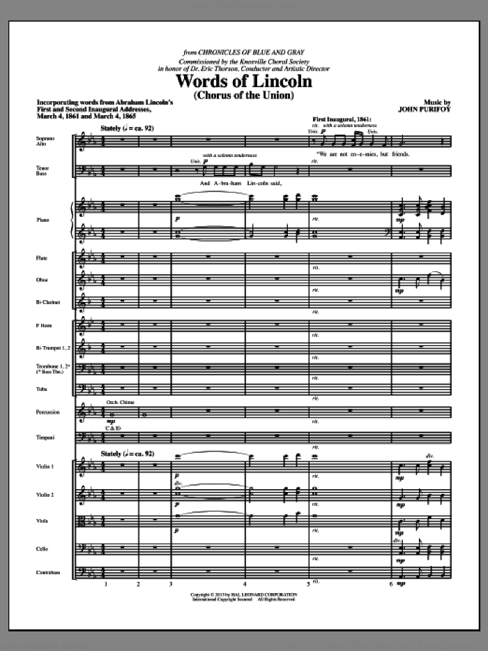 Words of Lincoln (COMPLETE) sheet music for orchestra/band by John Purifoy, intermediate skill level