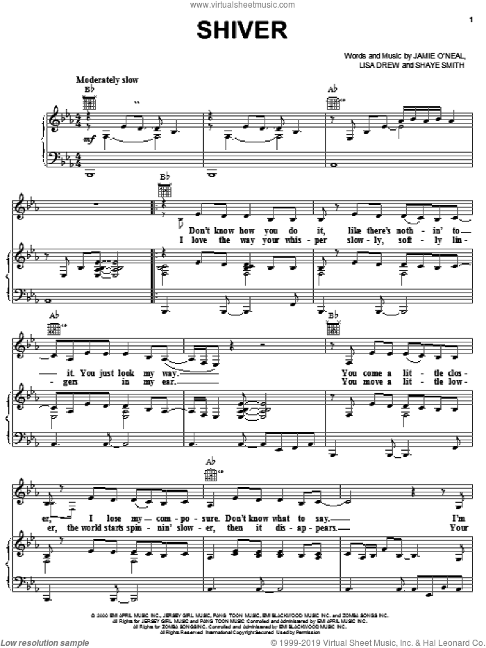 Shiver sheet music for voice, piano or guitar by Jamie O'Neal, Lisa Drew and Shayne Smith, intermediate skill level