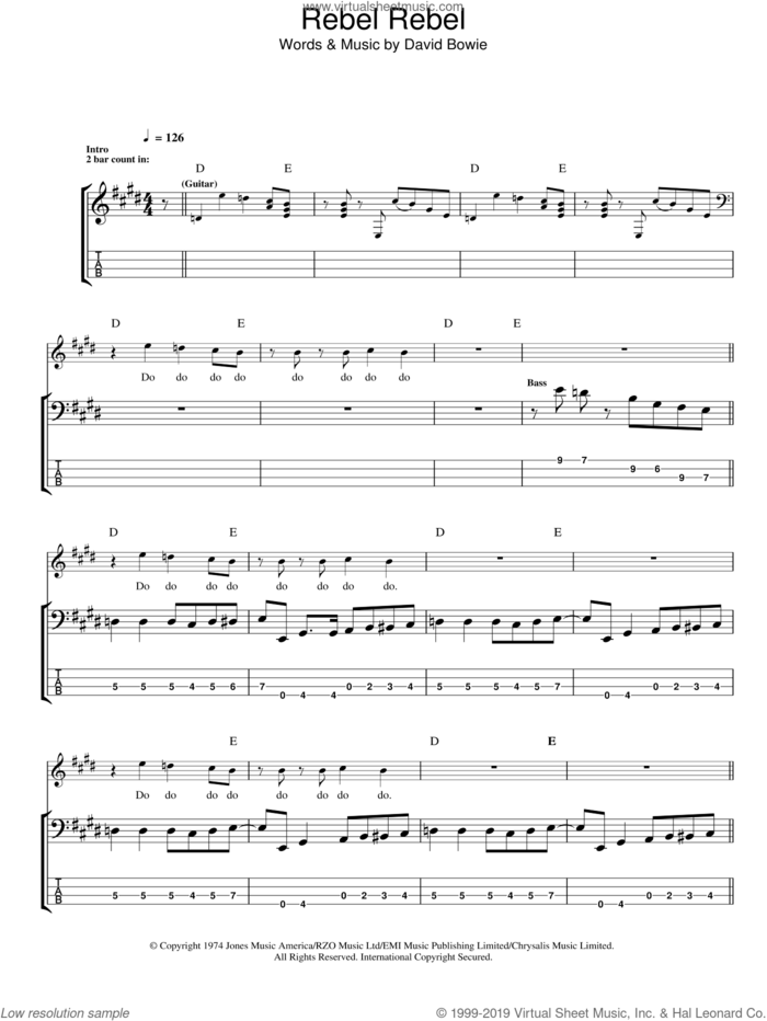 Rebel Rebel sheet music for bass (tablature) (bass guitar) by David Bowie, intermediate skill level