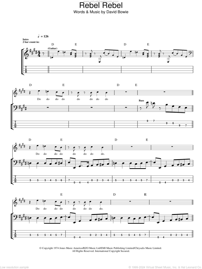 Rebel Rebel sheet music for bass (tablature) (bass guitar) by David Bowie, intermediate skill level