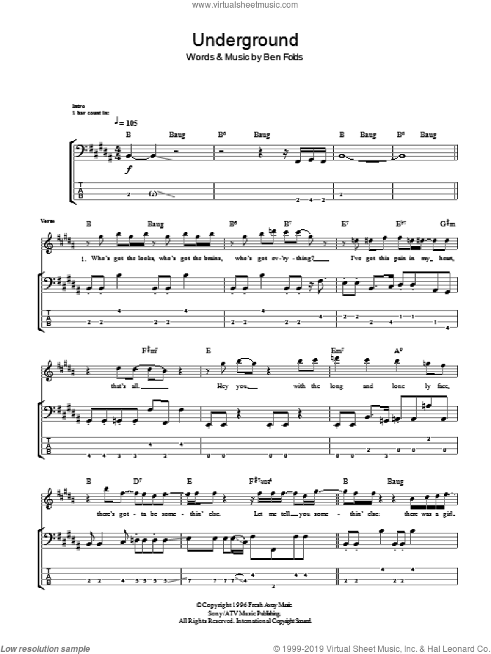 Underground sheet music for bass (tablature) (bass guitar) by Ben Folds Five and Ben Folds, intermediate skill level