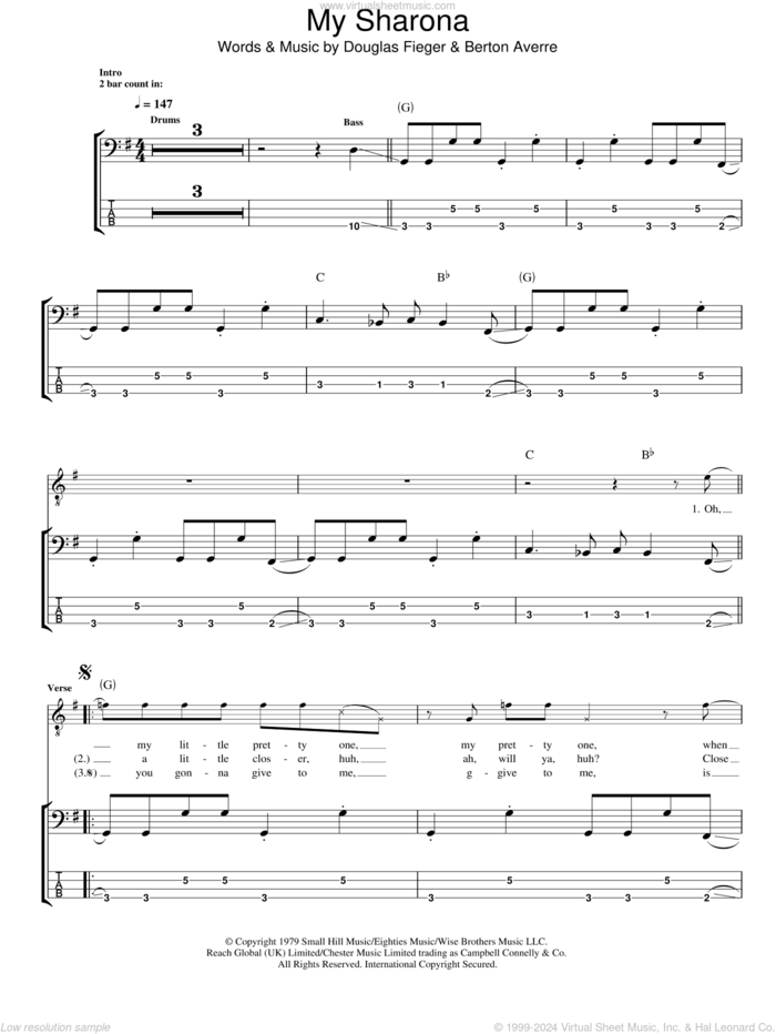 My Sharona sheet music for bass (tablature) (bass guitar) by The Knack, Berton Averre and Doug Fieger, intermediate skill level