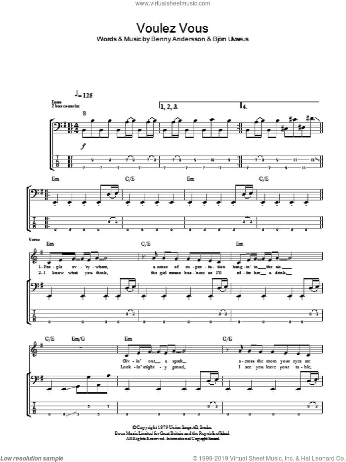 Voulez Vous sheet music for bass (tablature) (bass guitar) by ABBA, Benny Andersson and Bjorn Ulvaeus, intermediate skill level