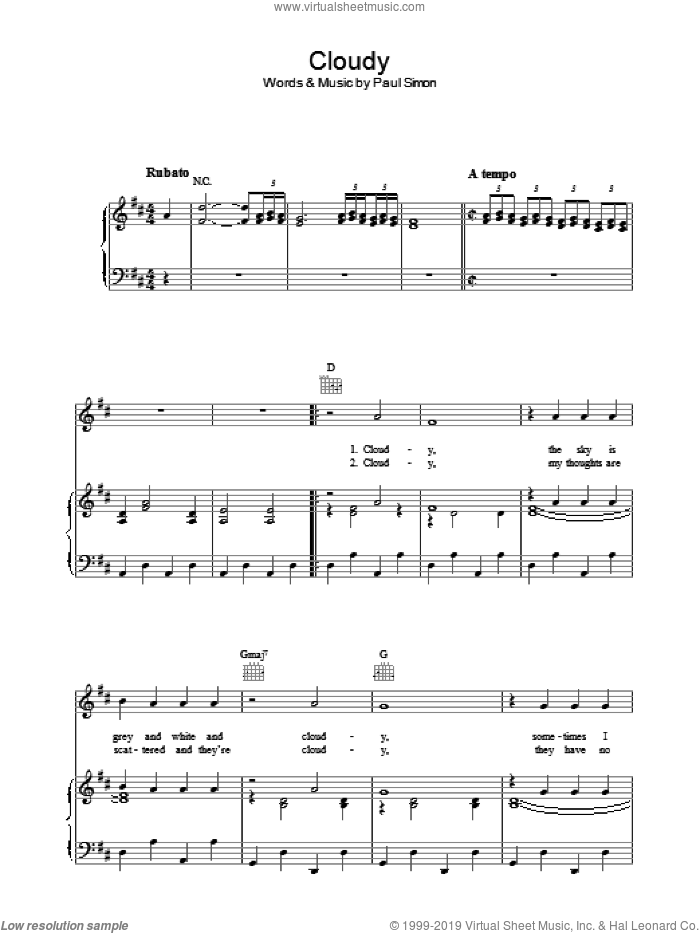 Cloudy sheet music for voice, piano or guitar by Simon & Garfunkel and Paul Simon, intermediate skill level