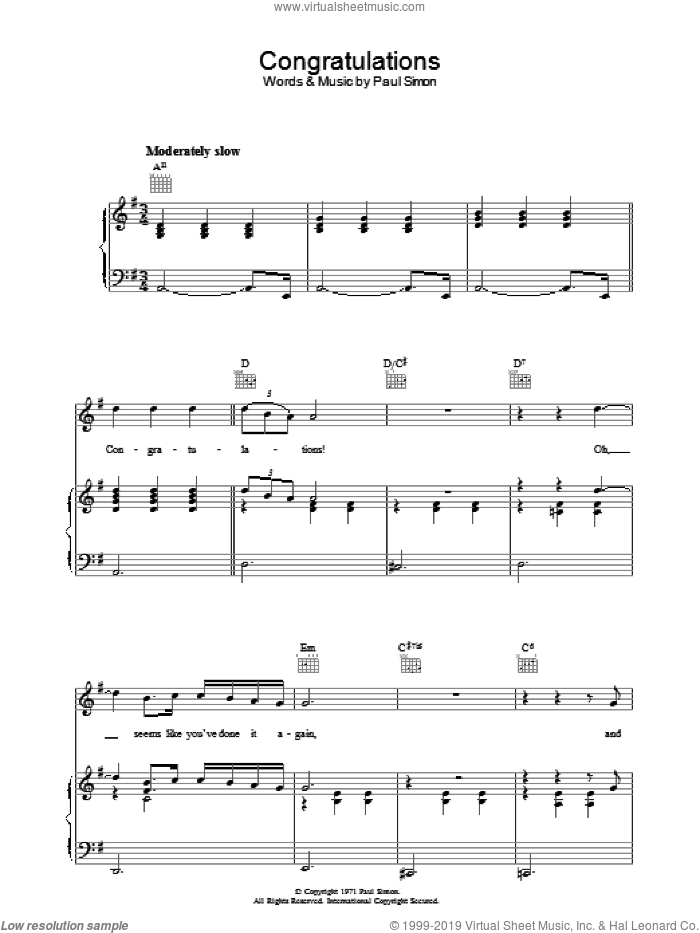 Congratulations sheet music for voice, piano or guitar by Paul Simon, intermediate skill level