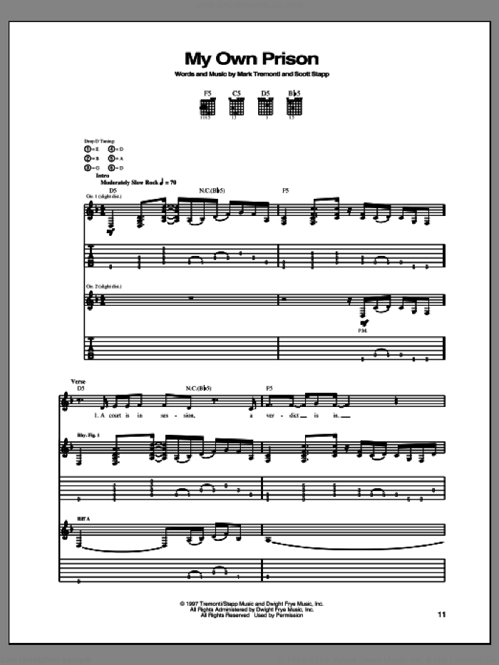 My Own Prison sheet music for guitar (tablature) by Creed, intermediate skill level