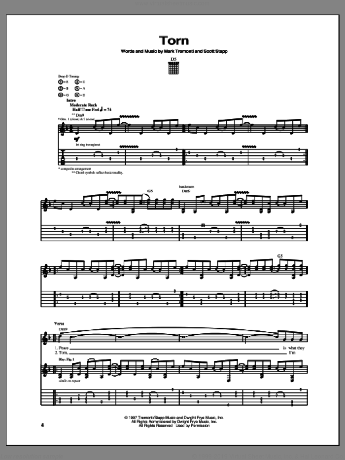 Torn sheet music for guitar (tablature) by Creed, intermediate skill level