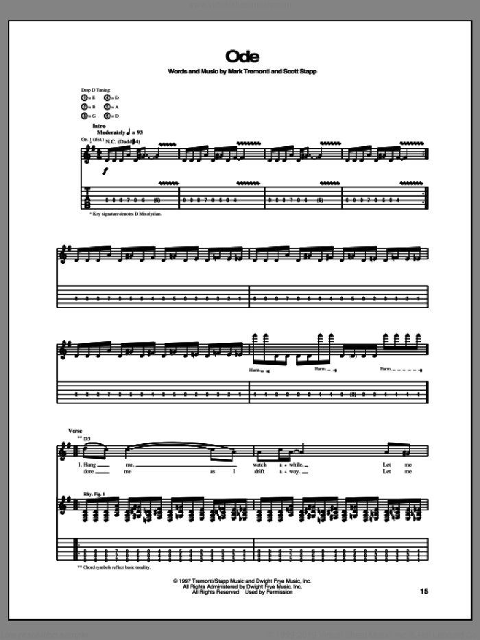 Ode sheet music for guitar (tablature) by Creed, intermediate skill level