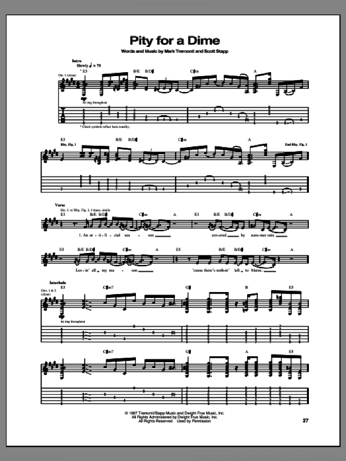 Pity For A Dime sheet music for guitar (tablature) by Creed, intermediate skill level