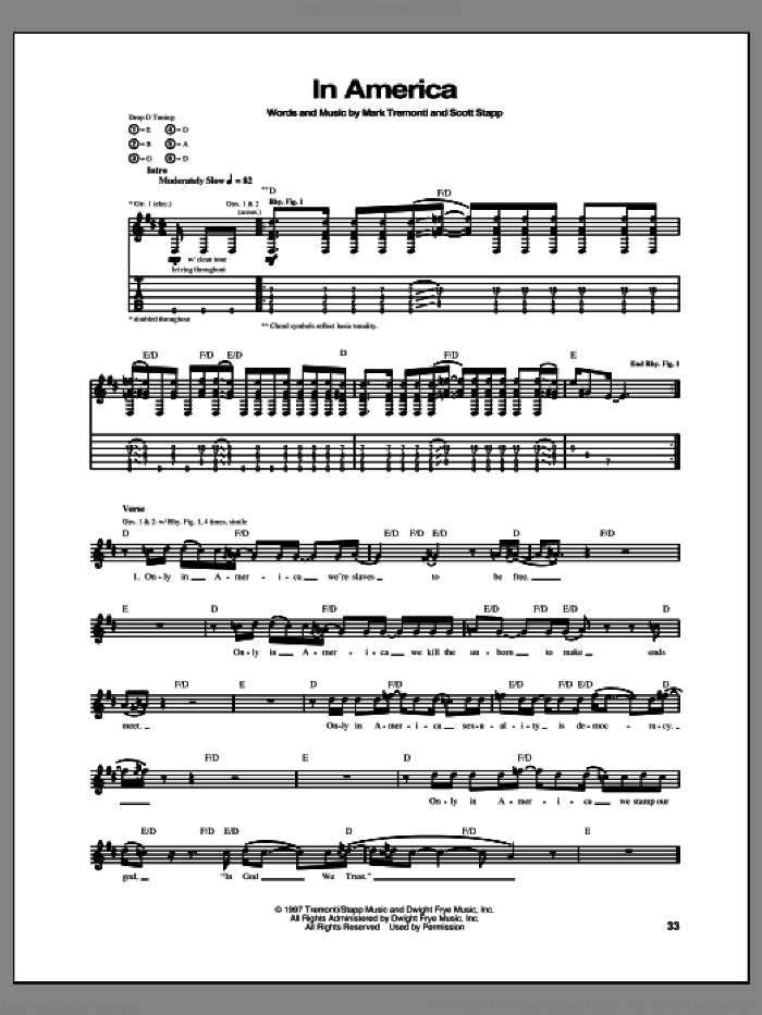 In America sheet music for guitar (tablature) by Creed, intermediate skill level