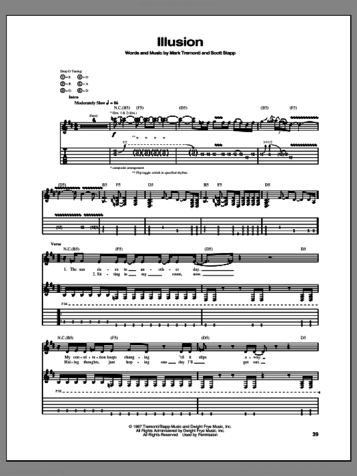 Illusion sheet music for guitar (tablature) by Creed, intermediate skill level