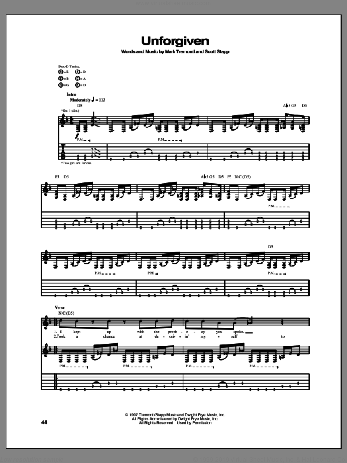 Unforgiven sheet music for guitar (tablature) by Creed, intermediate skill level