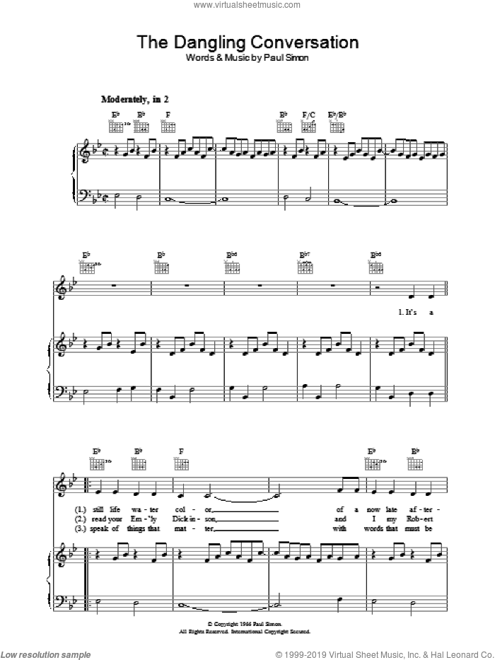 The Dangling Conversation sheet music for voice, piano or guitar by Simon & Garfunkel and Paul Simon, intermediate skill level