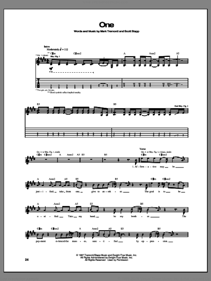 One sheet music for guitar (tablature) by Creed, intermediate skill level