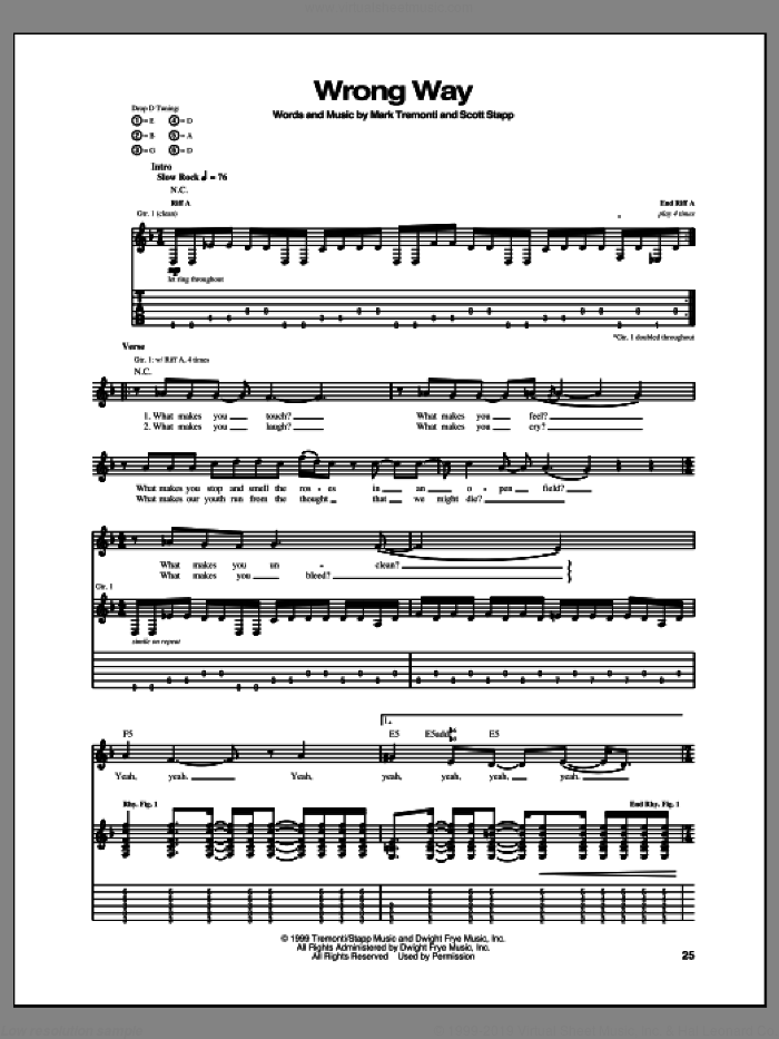 Wrong Way sheet music for guitar (tablature) by Creed, intermediate skill level