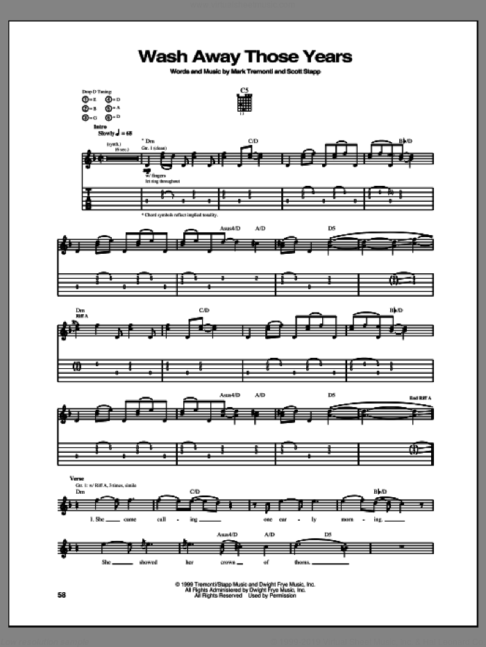 Wash Away Those Years sheet music for guitar (tablature) by Creed, intermediate skill level