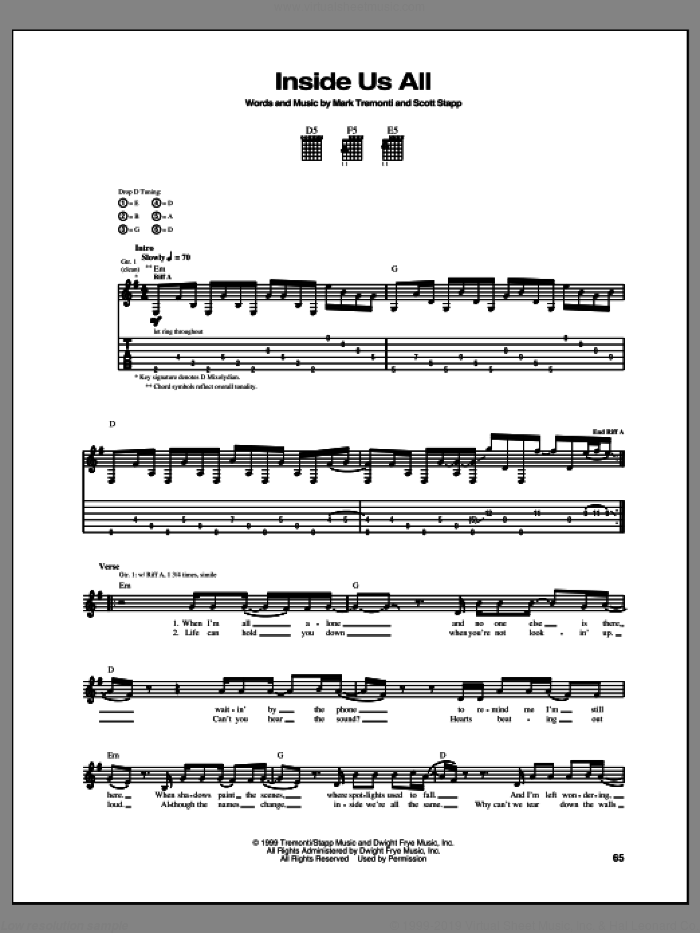 Inside Us All sheet music for guitar (tablature) by Creed, intermediate skill level