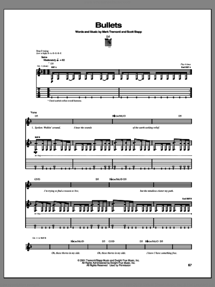 Bullets sheet music for guitar (tablature) by Creed, intermediate skill level