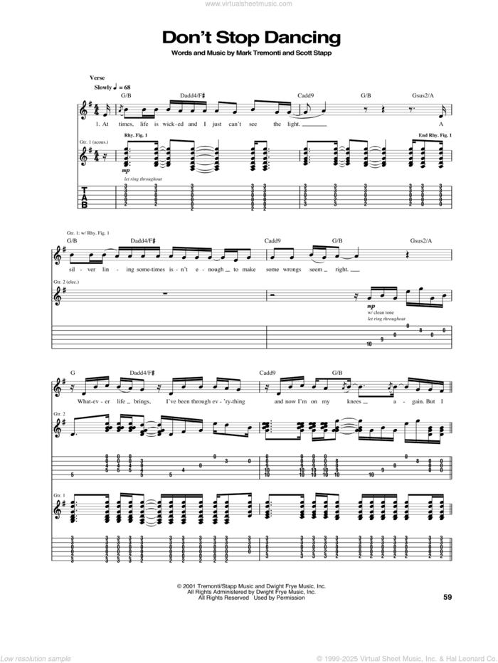 Don't Stop Dancing sheet music for guitar (tablature) by Creed, intermediate skill level