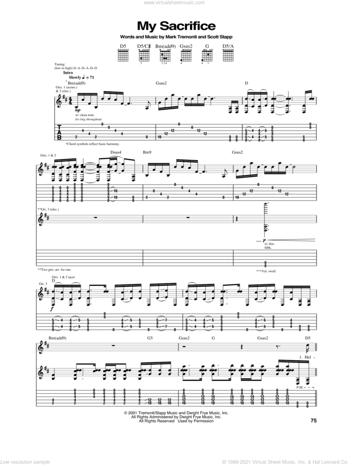 My Sacrifice sheet music for guitar (tablature) by Creed, intermediate skill level