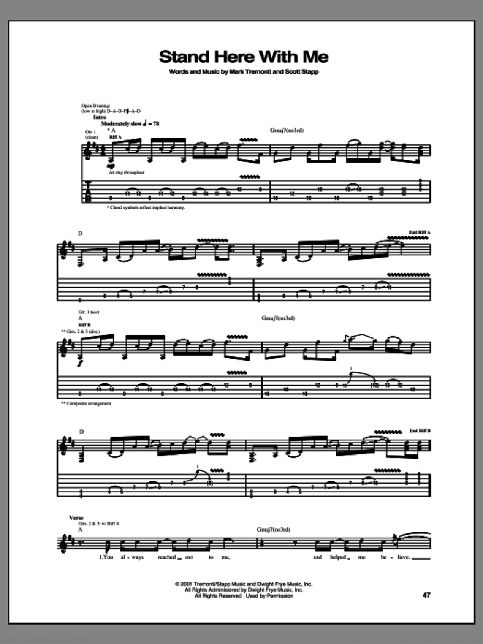 Stand Here With Me sheet music for guitar (tablature) by Creed, intermediate skill level