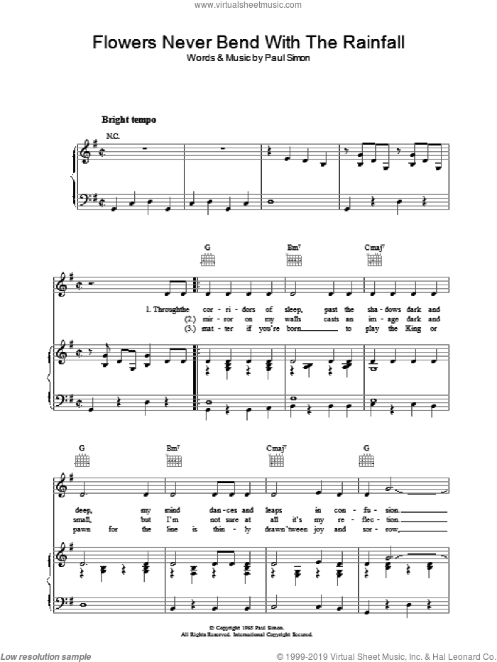 Flowers Never Bend With The Rainfall sheet music for voice, piano or guitar by Simon & Garfunkel and Paul Simon, intermediate skill level