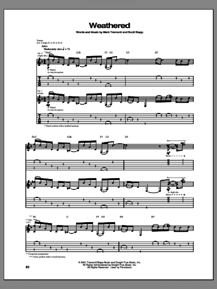 Weathered sheet music for guitar (tablature) by Creed, intermediate skill level