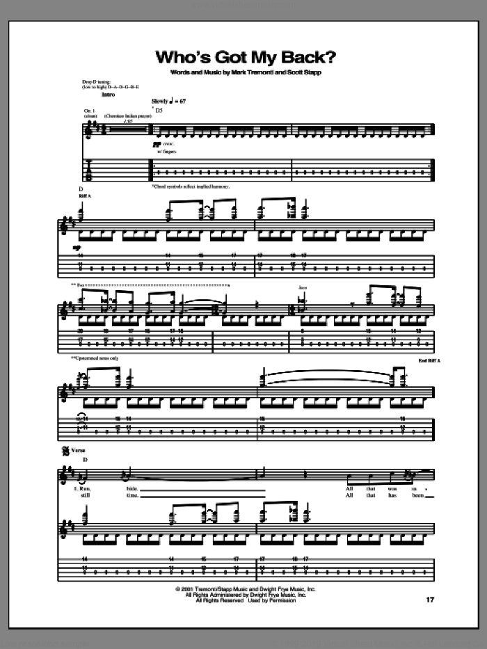 Who's Got My Back? sheet music for guitar (tablature) by Creed, intermediate skill level