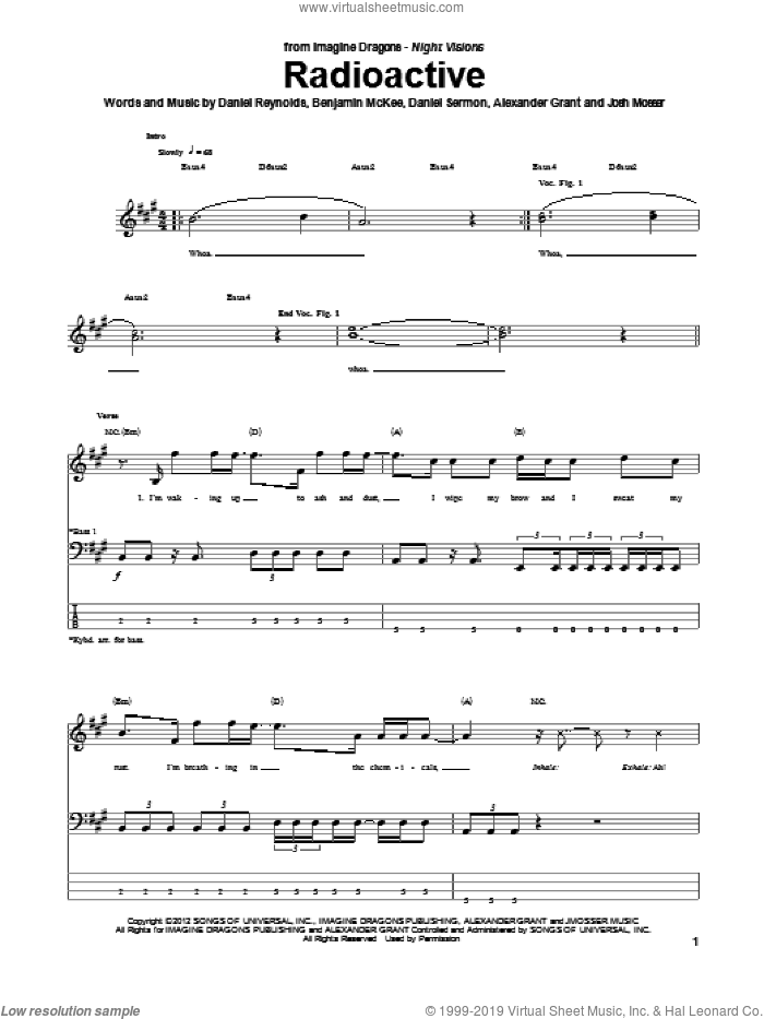 Radioactive sheet music for bass (tablature) (bass guitar) by Imagine Dragons, intermediate skill level