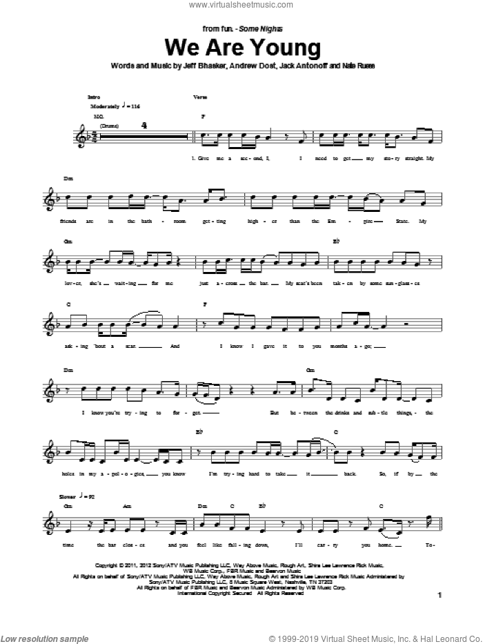We Are Young sheet music for bass (tablature) (bass guitar) by Fun, intermediate skill level