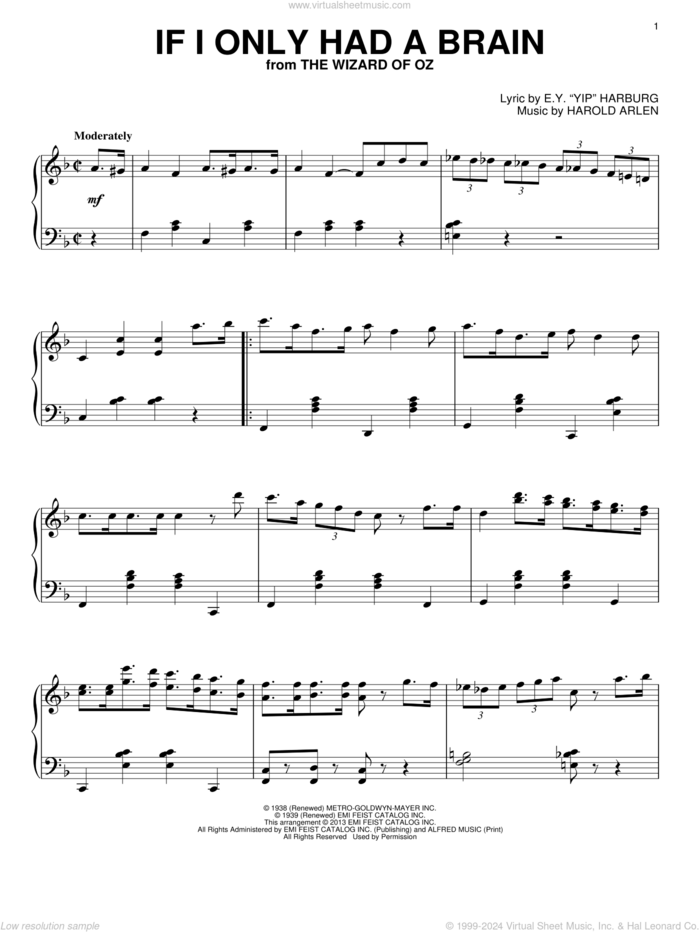 If I Only Had A Brain, (intermediate) sheet music for piano solo by Harold Arlen and E.Y. Harburg, intermediate skill level