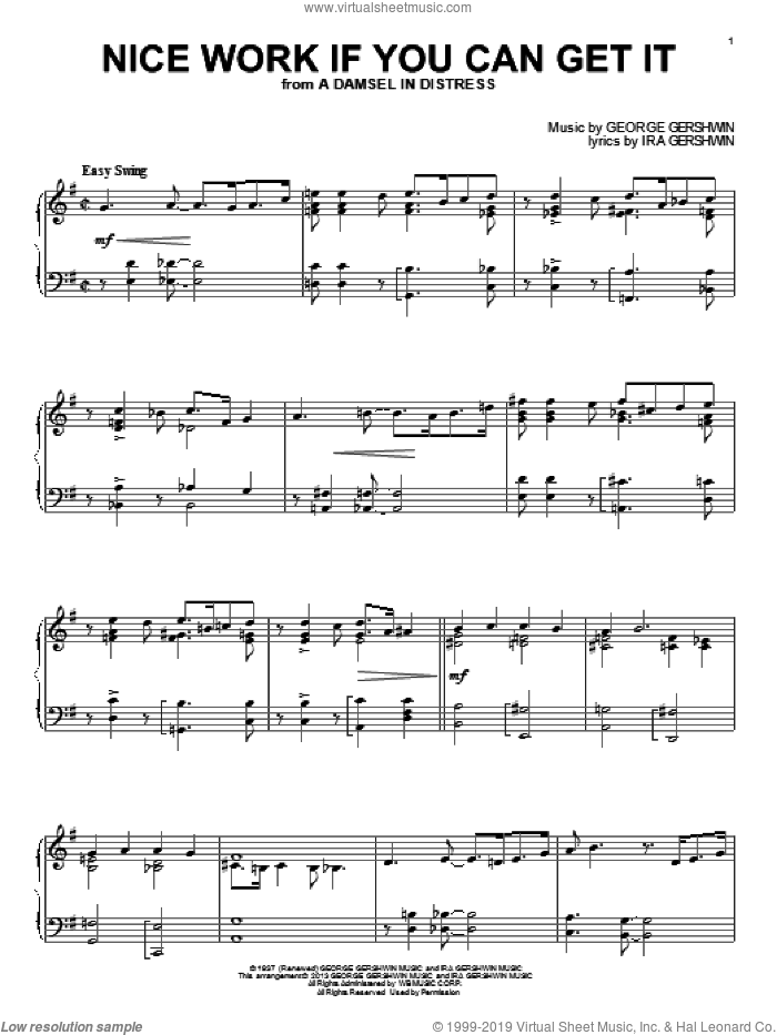 Nice Work If You Can Get It sheet music for piano solo by Frank Sinatra, George Gershwin and Ira Gershwin, intermediate skill level