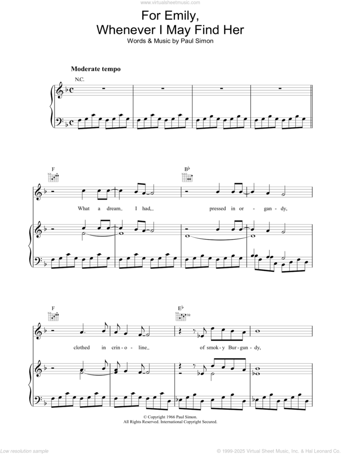 For Emily, Whenever I May Find Her sheet music for voice, piano or guitar by Simon & Garfunkel and Paul Simon, intermediate skill level