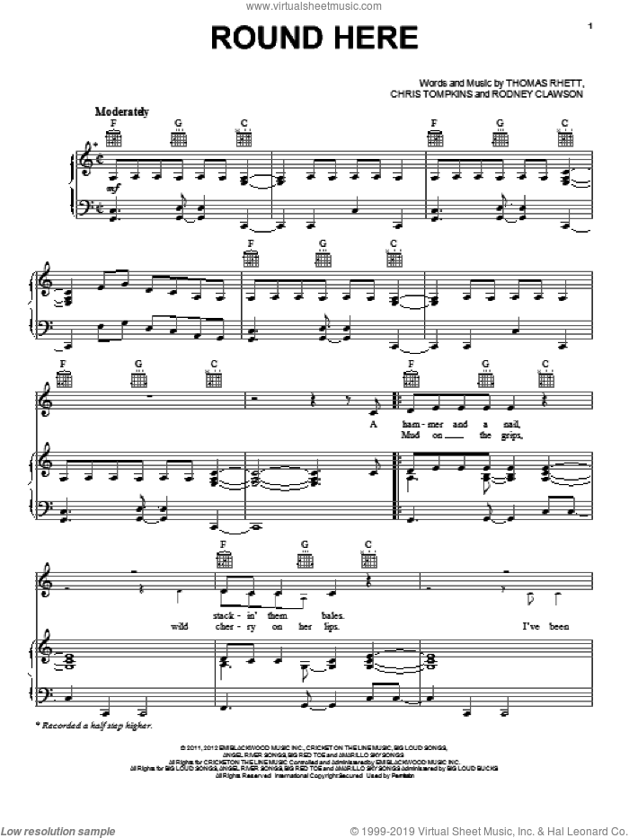 Round Here sheet music for voice, piano or guitar by Florida Georgia Line, intermediate skill level