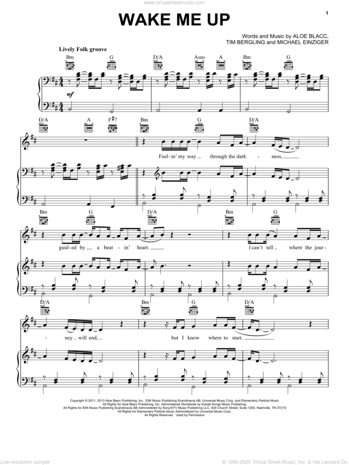 Wake Me Up! sheet music for voice, piano or guitar by Avicii, intermediate skill level