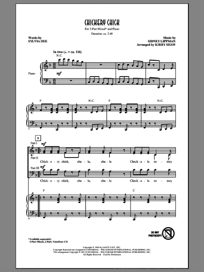 Chickery Chick sheet music for choir (3-Part Mixed) by Kirby Shaw, Sidney Lippman and Sylvia Dee, intermediate skill level