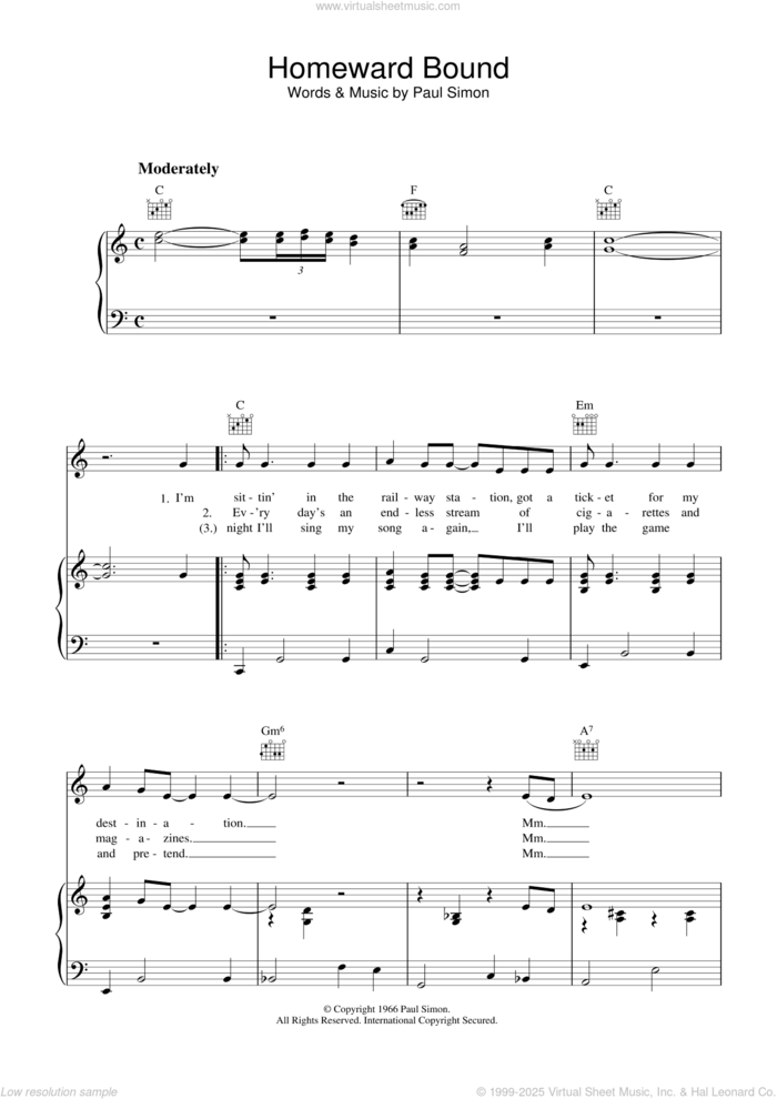 Homeward Bound sheet music for voice, piano or guitar by Simon & Garfunkel and Paul Simon, intermediate skill level