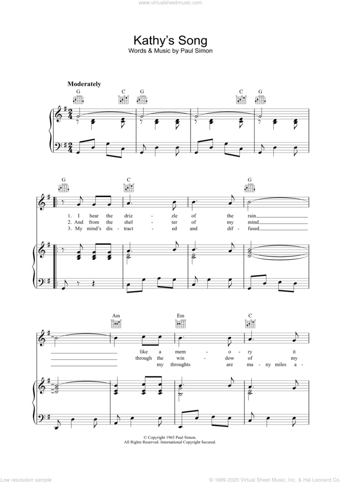 Kathy's Song sheet music for voice, piano or guitar by Simon & Garfunkel and Paul Simon, intermediate skill level