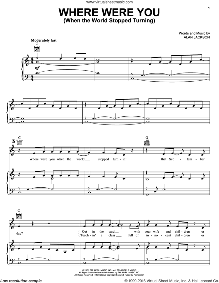 Where Were You (When The World Stopped Turning) sheet music for voice, piano or guitar by Alan Jackson, intermediate skill level