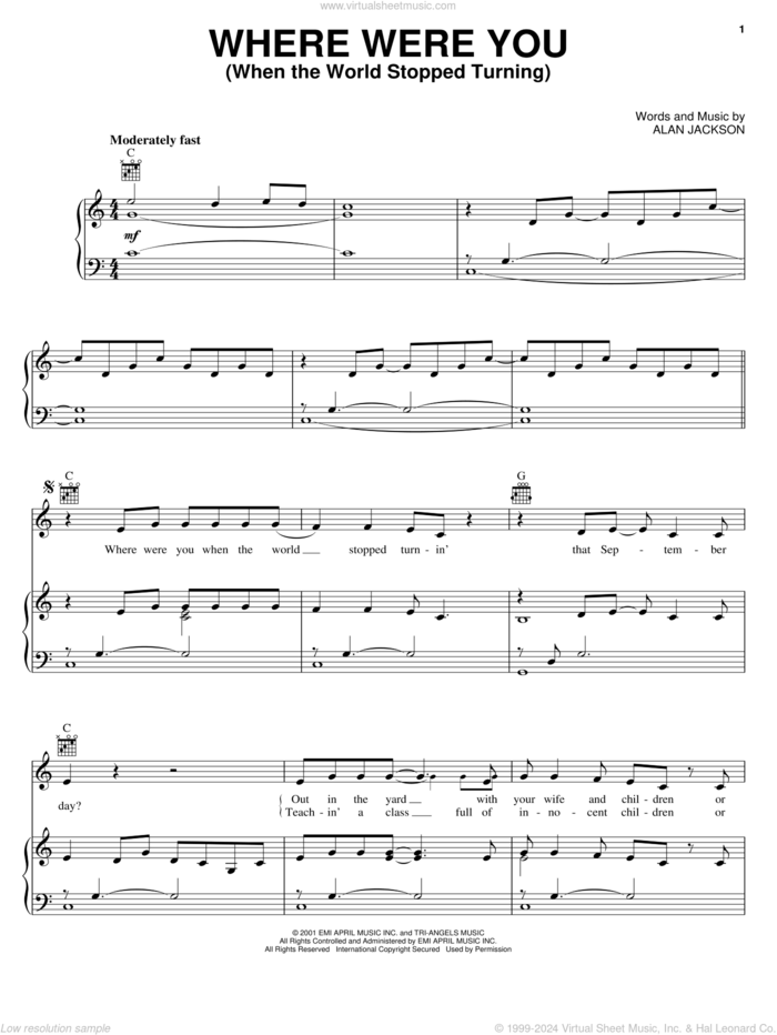 Where Were You (When The World Stopped Turning) sheet music for voice, piano or guitar by Alan Jackson, intermediate skill level