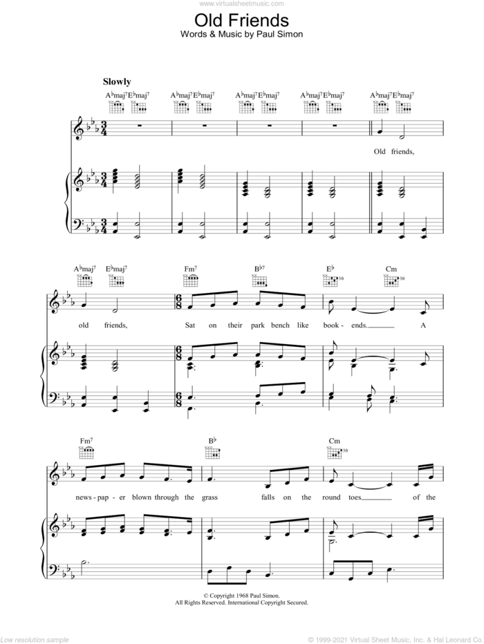 Old Friends sheet music for voice, piano or guitar by Simon & Garfunkel and Paul Simon, intermediate skill level