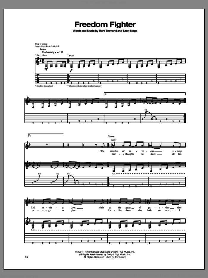 Freedom Fighter sheet music for guitar (tablature) by Creed, intermediate skill level