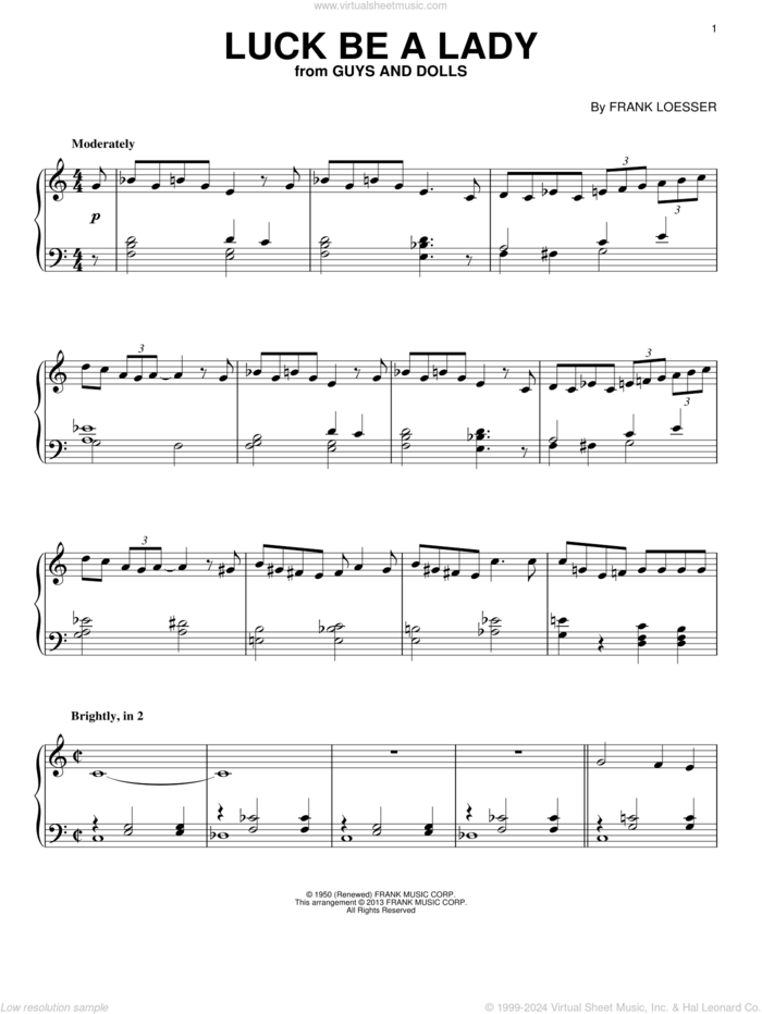 Luck Be A Lady sheet music for piano solo by Frank Loesser and Frank Sinatra, intermediate skill level