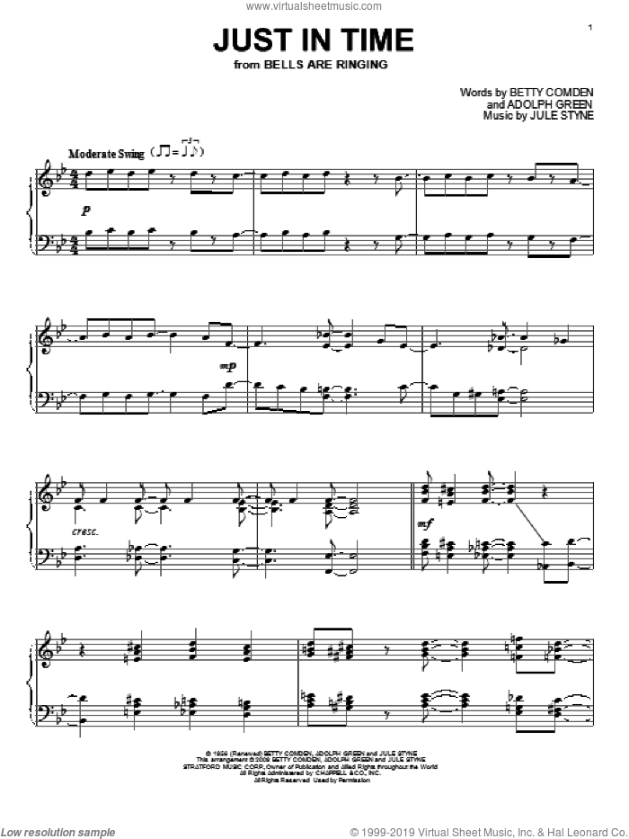 Just In Time sheet music for piano solo by Jule Styne, Adolph Green and Betty Comden, intermediate skill level