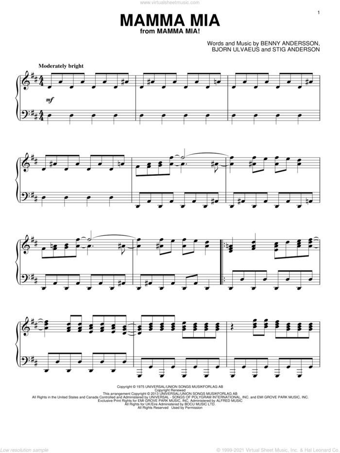 Mamma Mia sheet music for piano solo by ABBA, intermediate skill level