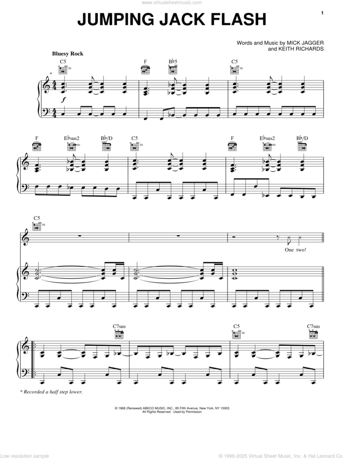 Jumpin' Jack Flash sheet music for voice, piano or guitar by The Rolling Stones, Keith Richards and Mick Jagger, intermediate skill level